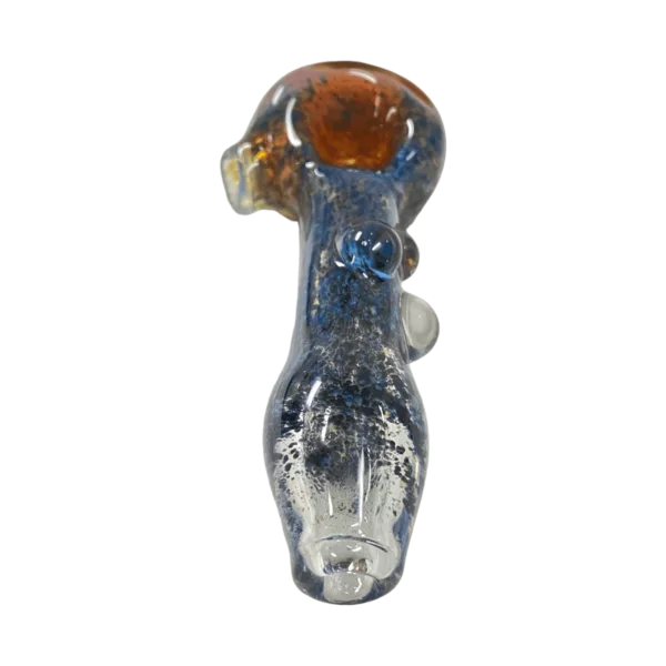 Blue and orange swirl glass bong with small bowl and clear downstem, decorated with matching patterns.