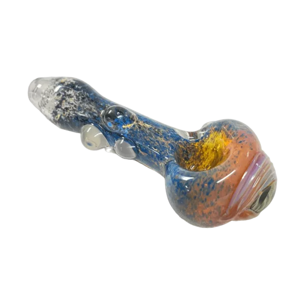 Blue and orange swirl patterned glass pipe with clear stem and small hole at top. Smooth surface and green background.