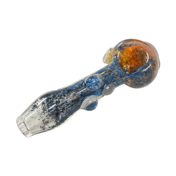 Glass pipe with blue and orange spiral design on stem and base. Clear plastic stem with small, round knob and circular hole in center. Friendly Fire brand.