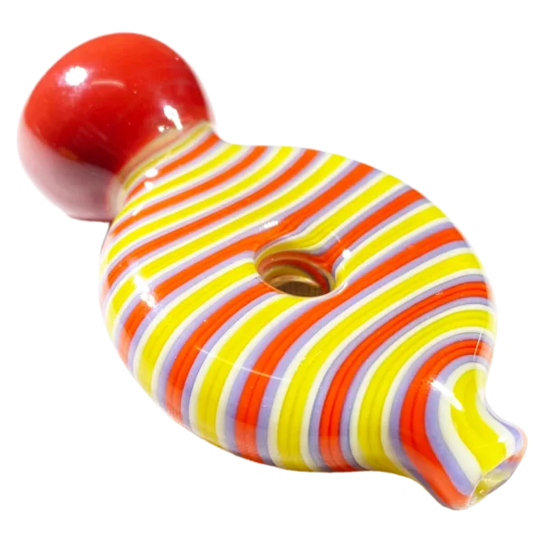Red, yellow, and white striped glass object with round shape and small hole in center. Decorative piece, possibly a vase or paperweight. Striped Donut Chillum - Jem Glass.