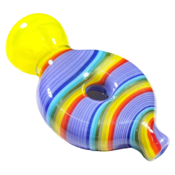 Glass pipe with round yellow base and long, curved stem. Rainbow striped design with bright, vibrant colors in a zigzag pattern. Part Jem Glass Striped Donut Chillum for smoking company.