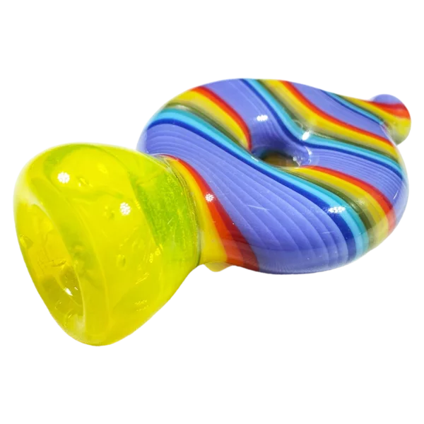 Glass pipe with rainbow design and yellow mouthpiece, sitting on white background.