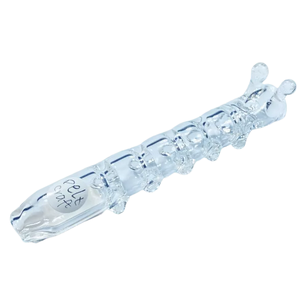 A clear plastic rod with two transparent cylindrical ends, listed as Illumi-Pede Constriction Chillum by Peitcraft on a smoking company website.