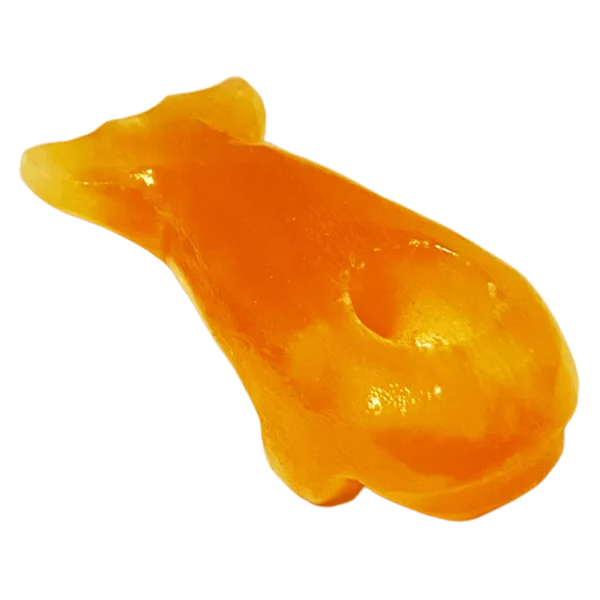 Transparent orange plastic toy or decorative item, shaped like a whale. Mystic Stone Whale.