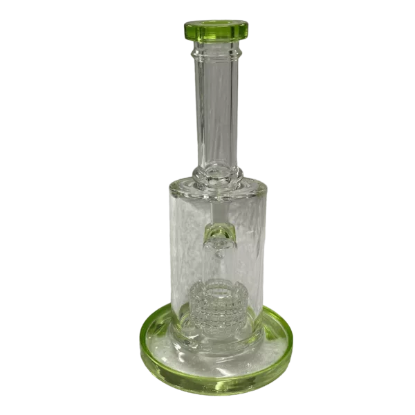 GSB1277 Side Banger Shower Perc Rig by GSB is a glass smoking pipe with a green base, clear stem, and two bowls, featuring a small knob and shot from above on a green tray with a striped background.
