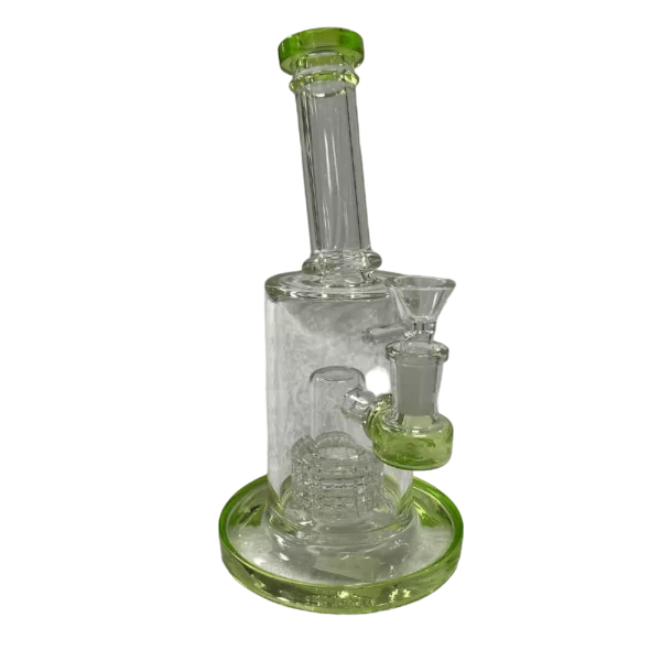 A sleek and modern glass bong with a clear stem and green base, featuring a shower perc and two holes. Available on a smoking company website.