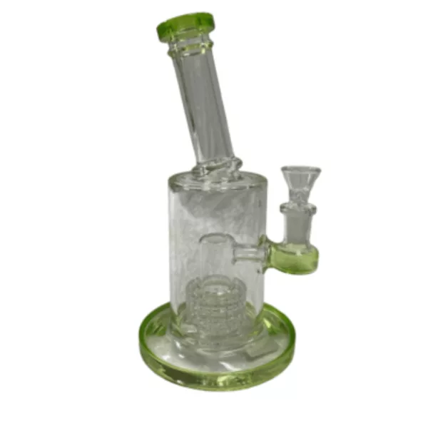 glass bong with a clear stem and green base. It has a small bowl on top and a larger bowl on the bottom. The stem has a small knob and the base has a small hole. It is sitting on a white surface.
