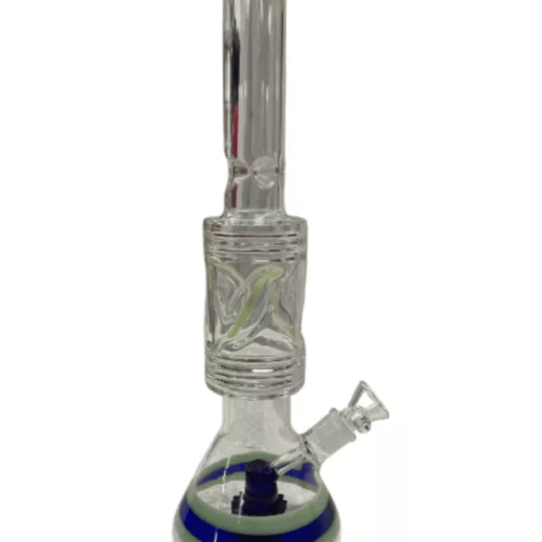 glass bong with a blue and white striped stem and clear base. It has a small, round base and a long, curved neck. The bowl is clear and has a small, circular percolator on top. The percolator is blue and has a small, circular hole in the center. The stem is blue and white striped and has a small, circular knob on the end. The knob is blue and has a small, circular hole in the center. The base is clear and has a small, circular hole in the center. The hole is surrounded by a small, circular ring. The ring is blue and has a small, circular hole in the center. The hole is surrounded by a small, circular ring. The ring is blue and has a small, circular hole in the center. The hole is surrounded by a small, circular ring. The ring is blue and has a small, circular hole in the center. The hole is surrounded by a small, circular ring. The ring is blue and has a small, circular hole in the center. The hole is surrounded by a small, circular ring. The ring is blue and has a small, circular hole in the center. The hole is surrounded by a small, circular ring. The ring is blue and has a small, circular hole in the center. The hole is surrounded by a small, circular ring. The ring is blue and has a small, circular hole.