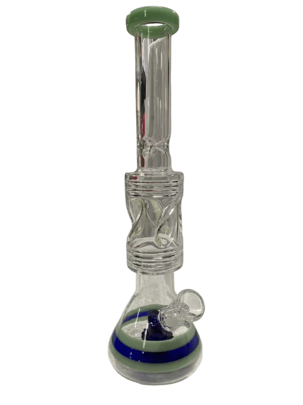 A glass bong with a blue and green striped base, clear stem, and large curved neck.