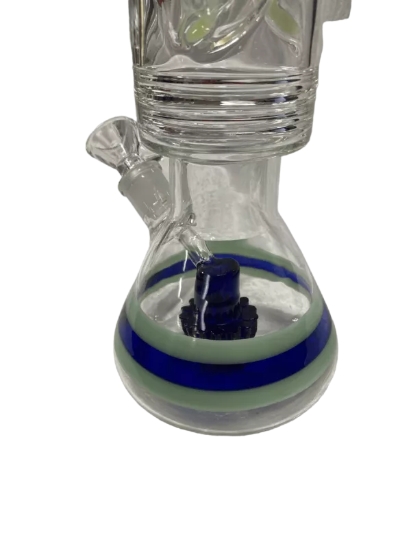 Blue and green striped glass bong with clear stem and bowl - Big Barrel Perc.