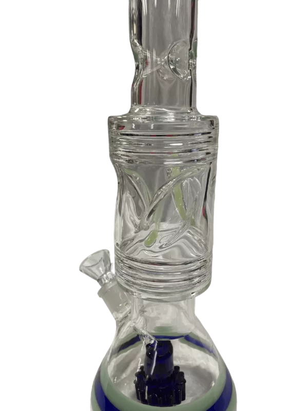 Glass bong with blue and white striped base and clear glass stem. Small, round base, long curved neck, and small mouthpiece. Cylindrical shape. Made of glass.