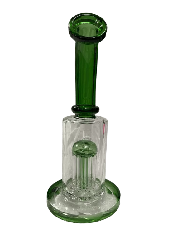 Clear glass bong with shower perc and bent top, sitting on circular stand.
