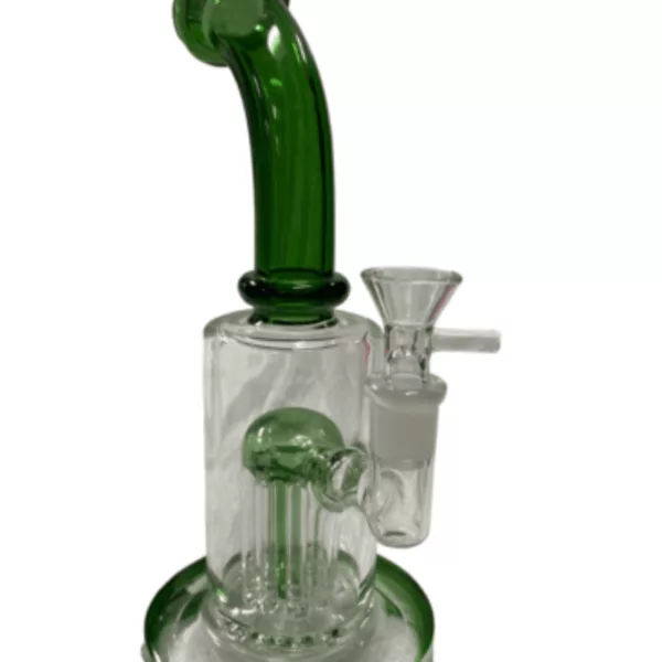 A glass bong with a clear stem and green base, featuring a shower perc and two bowls. It is sitting on a white surface.
