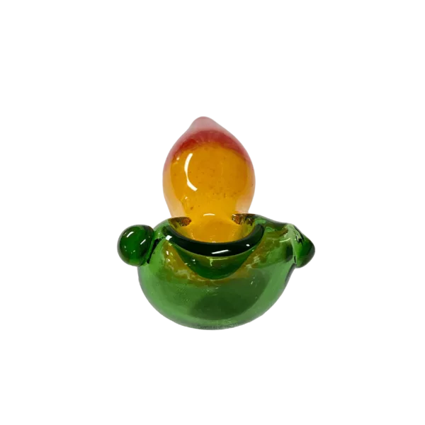 A small, delicate glass bowl or vase with a yellow and green color scheme and a smooth surface, designed as a decorative piece.