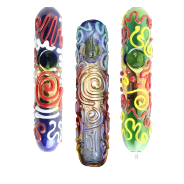 Three glass pipes with colorful, blown glass designs, including swirls and spirals. Bright, vibrant colors such as red, green, blue, and yellow. Close up view shows intricate details. Different designs on each pipe.