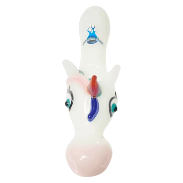White glass bong with cartoon unicorn on front. Small bowl & large downstem. Clear glass stem & base with blue & red spiral design. On white background.