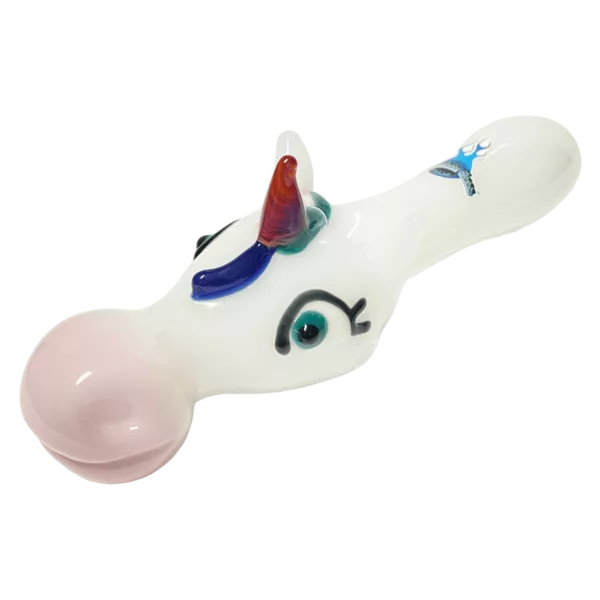 White plastic unicorn pipe with blue mane, red nose, and long horn. Standing on hind legs, smiling eyes and mouth. Bright, vivid colors.