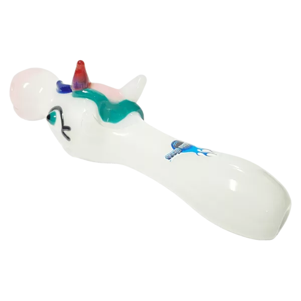 Add a touch of magic to your smoking experience with the Chameleon Glass Unicorn Pipe. Adorable white unicorn with blue and green mane and tail, sitting on a green background. Perfect for any unicorn lover.