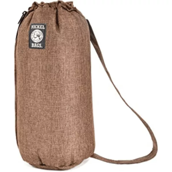 Brown drawstring bag with white 'Made in the USA' logo on front. Small, compact size ideal for carrying small items. Zipper closure, woven fabric construction with subtle texture. Durable material can withstand wear and tear.