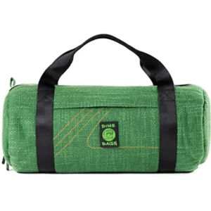 Green duffel bag with black strap and zipper, logo says 'Eco Warrior', made from recycled materials.