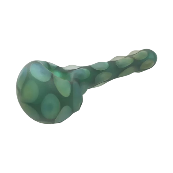 A transparent, green and blue polka dot pipe with a small hole and smooth surface, sitting on a green background. This is the Cobalt Hobnail Unblasted by Casey Hadley - TC5463 product.