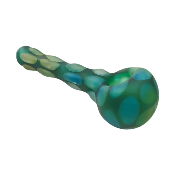 small, round glass pipe with a blue and green design made up of small circular patterns.