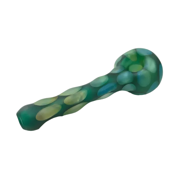 Glass pipe with blue and green swirl pattern, small round base, long curved neck, small round mouthpiece, large round bowl. Green background.