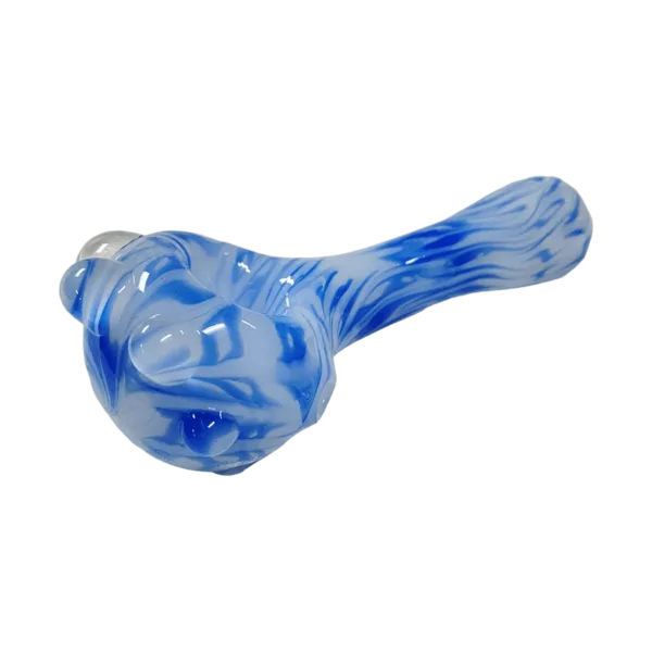 Blue-swirled glass smoking pipe with tapered tip and small bowl. Round base with notch.