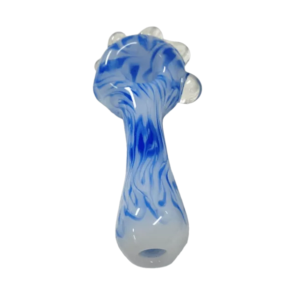 Handcrafted white marble pipe with blue accents and a twisted stem. Features a floral pattern and spiral design. Simple and elegant design.