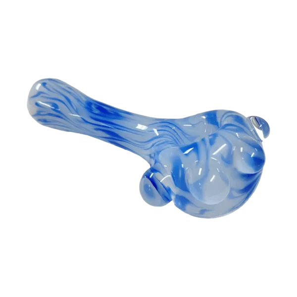 Blue-swirled glass pipe with large, round bowl and small handle. Intricate design, smooth glass, and dark/light blue colors. TC5288 by Casey Hadley.