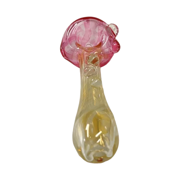 Handcrafted gold/silver spoon with pink glass bowl, curved handle & knob. A decorative piece, not for cooking or serving.