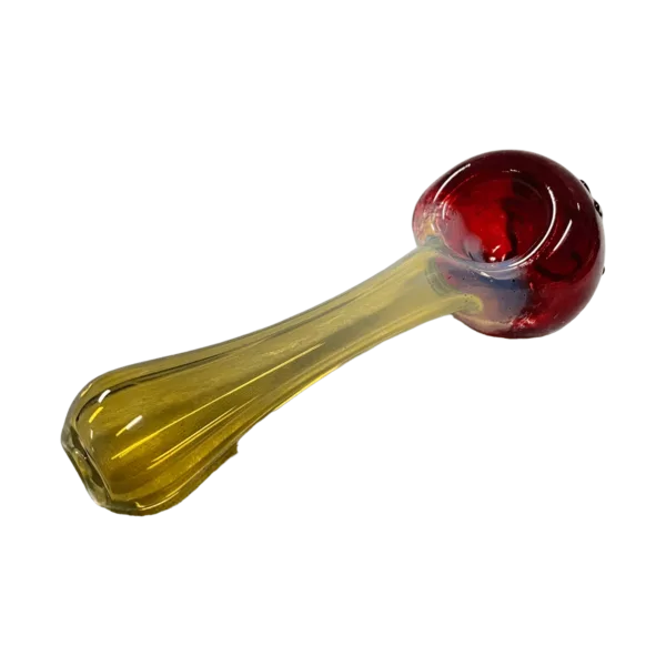 Red glass pipe with long, curved stem and small, round bowl. Clear bowl and red stem. Green background.