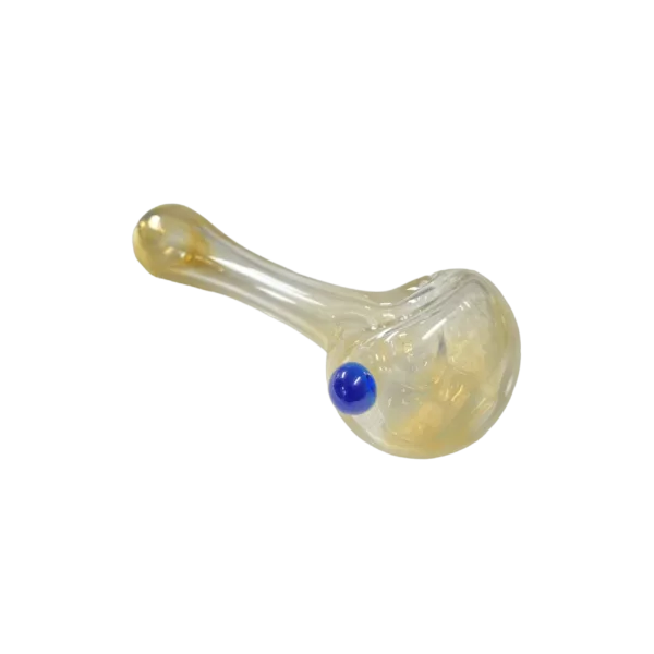 Blue and yellow swirl glass pipe with small, round base and curved neck. Bright, vibrant colors add pop of color to sleek, modern design.