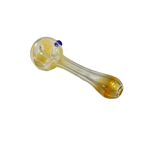 Small glass pipe with yellow and blue swirl pattern, transparent bowl and opaque stem with smooth ring near base.
