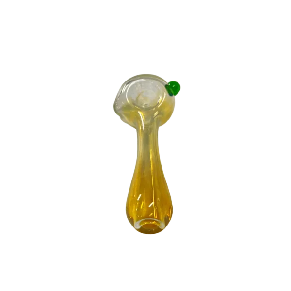 Clear glass pipe with green crystal on top, long and curved shape. TC5951.
