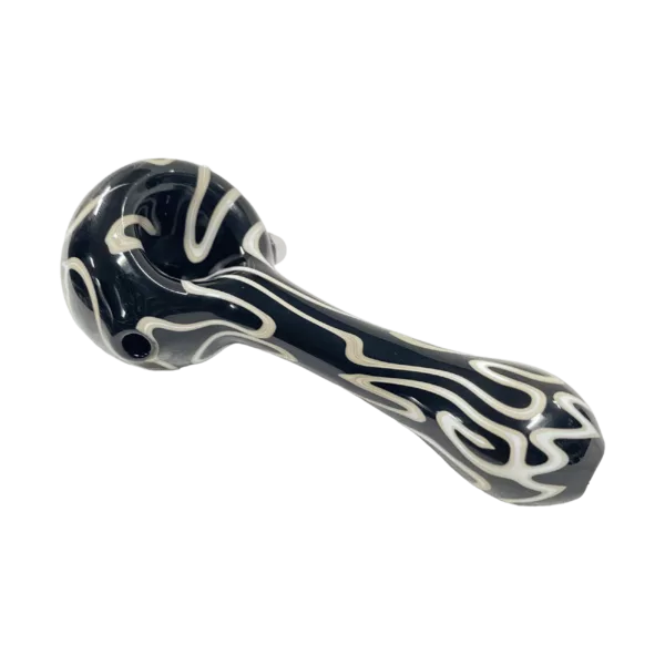 Sleek, modern glass pipe with black and white swirled design and long, curved stem. Small bowl and knob for a comfortable smoking experience.