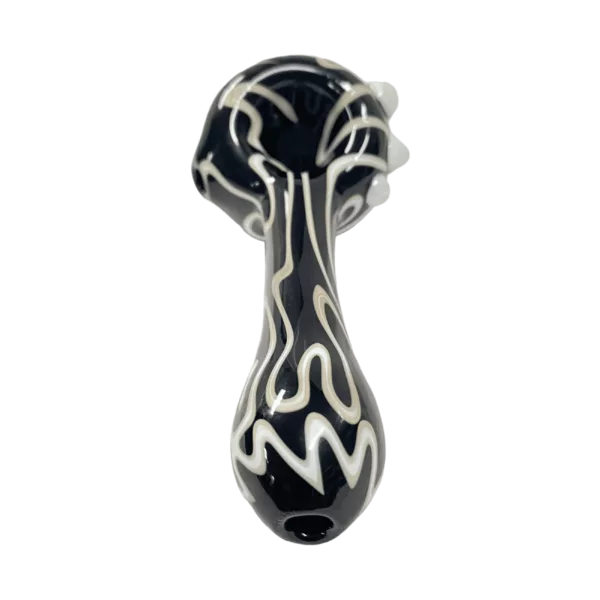 A sleek, modern glass pipe with a swirling black and white design on the surface, used for smoking.
