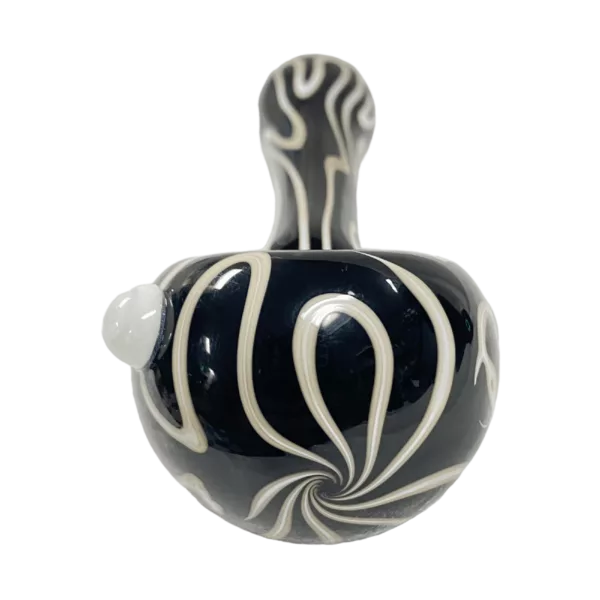 Elegant and stylish black and white glass pipe with a swirl design, bent stem, and smaller bowl. - TC4636 by Wayne Wagoner.