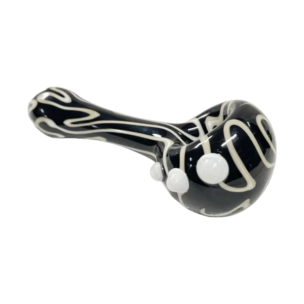 unique, curved glass pipe with a white dot on the end, perfect for smoking enthusiasts.