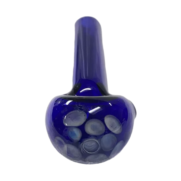 Blue glass pipe with white and blue swirly designs, slightly raised bowl.