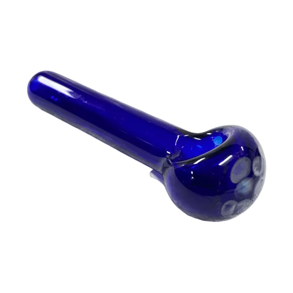 A blue glass pipe with a long handle, honeycomb design, round base, and small raised mouthpiece.