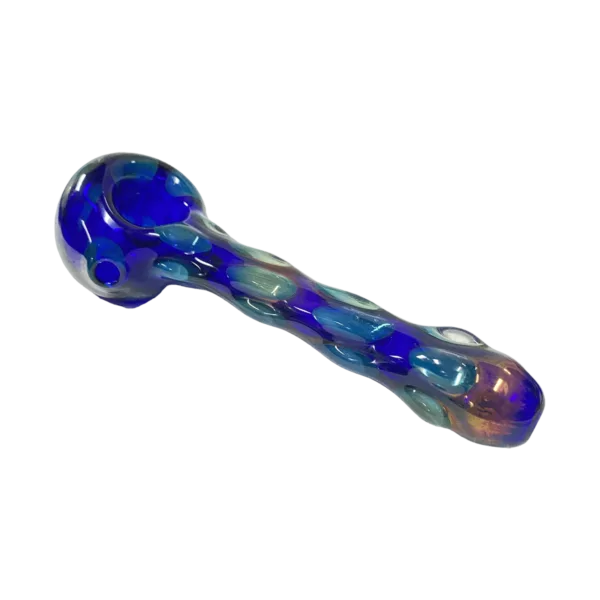 Handmade blue glass pipe shaped like a shark with white and purple swirls, designed with shark fin details on bowl and stem.