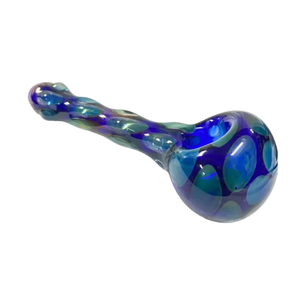 Hobnail Spoons by Casey Hadley - TC4805 feature a clear glass body with a blue and purple swirl pattern, a curved horn handle, and a flat, wide base with a small knob in the center.