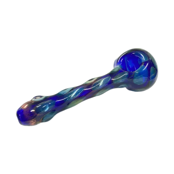 A curved handle pipe with a transparent blue glass tube attached to the end, available from TC4805 on a smoking company website.