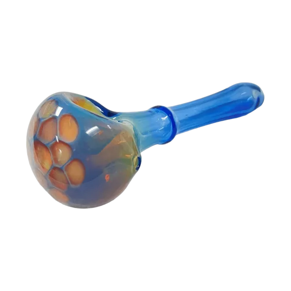 Handcrafted blue glass pipe with long, curved shaft and small, clear bowl featuring circular etchings on the opaque shaft.