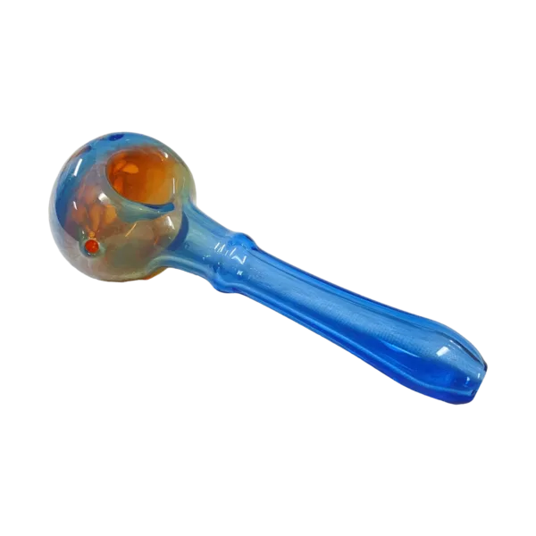 Blue glass pipe with orange abstract design on body and clear plastic pipe with silver ring on end, both standing on clear plastic base.