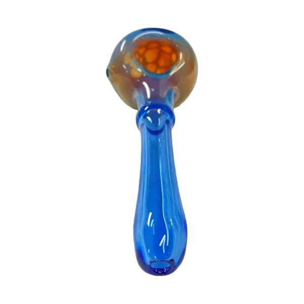 Blue glass pipe with orange ball on end, curved mouthpiece and stem. Clear glass stem with round base decorated with white dots. Green surface. Combs by John Cartledge - TC5987.