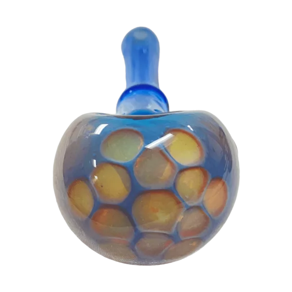 Handblown glass vessel with blue and brown design, white accents, and a sturdy metal base shaped like a small animal. Perfect for smoking.