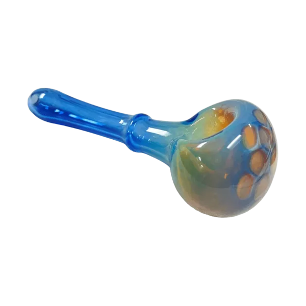 Blue and white glass pipe with a straw-like shape, smaller size, and larger bowl with a side hole. Shorter stem than bowl.