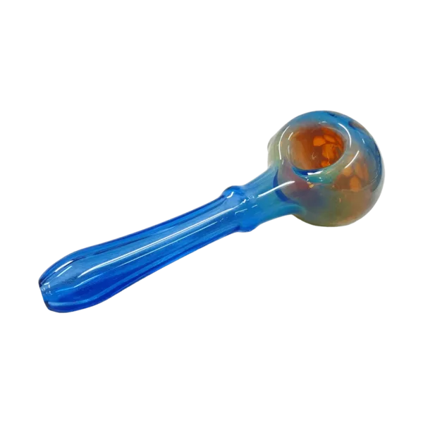 Handcrafted glass pipe with blue stem, bowl, and handle. Cylindrical shape with slight taper. Smooth and glossy finish.